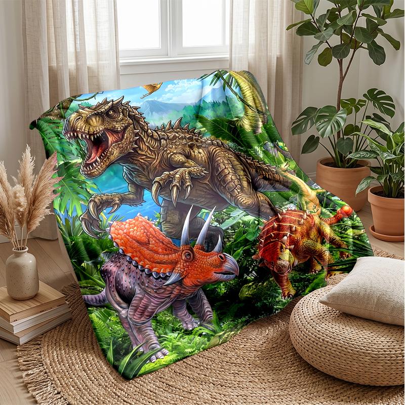 Vibrant Dinosaur Illustration Theme Blanket Lightweight Warm Flannel Blanket Decorative Throw Blanket for Home Decoration