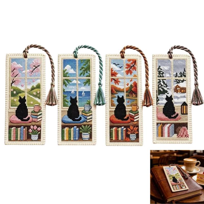 DIY Seasonal Cat Cross Bookmark Material Kit Handcrafted Braided Rope for Art Craft Enthusiasts Personalized Book Accessory Gift