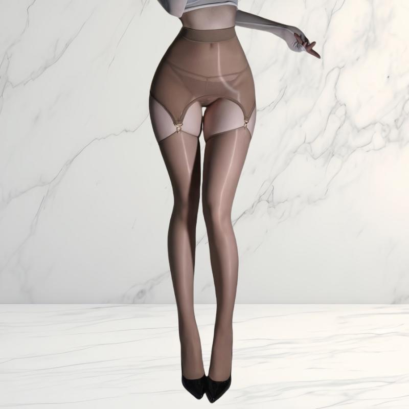 8D Oil Shiny High Waist Buttocks Mini Skirt Slim Garter Belt With Glossy Transparent Thigh High Stockings Sexy Lingerie Set