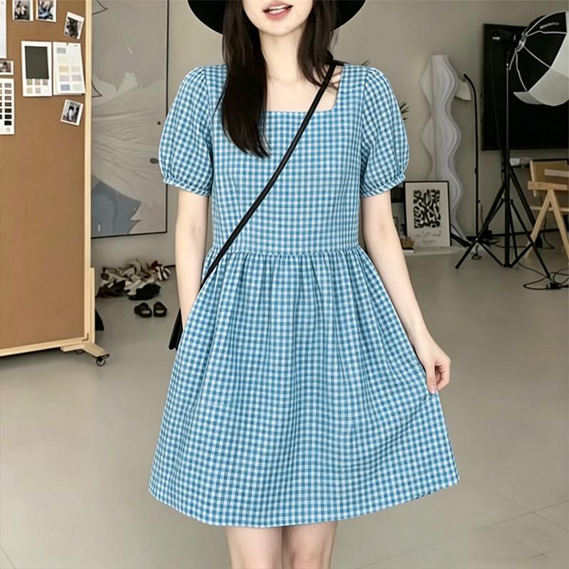 ZANZEA Women Casual Square Collar Summer Short Sleeve Grid Print Dress
