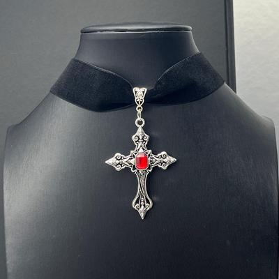 Gothic Dark Red Gemstone Cross Choker Necklace
