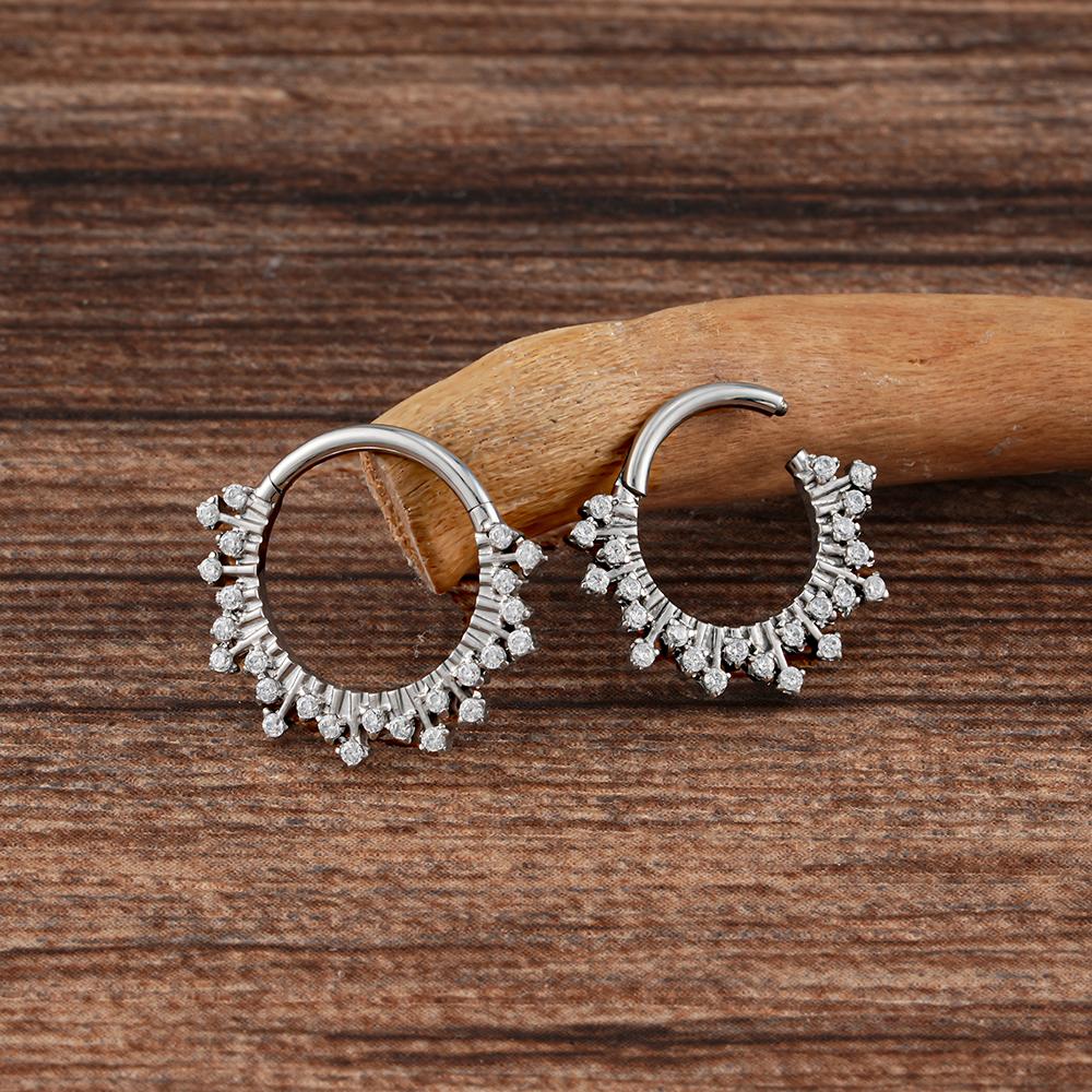 Right Grand ASTM F136 Titanium 16G CZ Hinged Clicker Segment Hoop Ring Sunburst CZ Daith Earring Septem Nose Piercing Jewelry