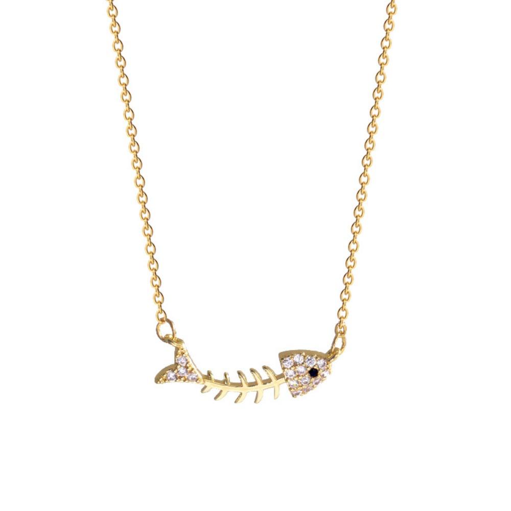 2026 Quirky Fishbone Pendant Necklace - 18K Gold Plated Zircon Micro-Pave Fish Skeleton Collarbone Chain for Women INS Trendy Jewelry