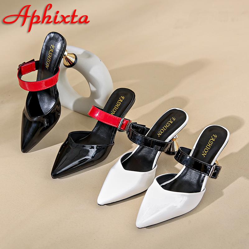 Aphixta Summer Pointed Toe 7cm Special Heel Slides Belt Buckle Woman Shoes Slides Sandals Classic Shoes Size 35-43