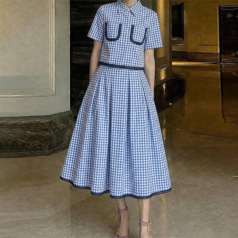 ZANZEA Women Short Sleeve Blouse and Long Skirts Plaid Print Two Piece Suit Sets