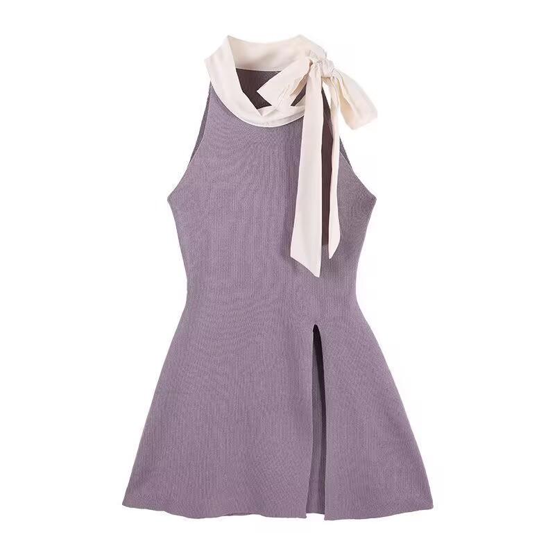 

Летний женский повседневный свитер с воротником на шнуровке без рукавов с разрезом, пуловер, топы для девочек One Size фиолетовый