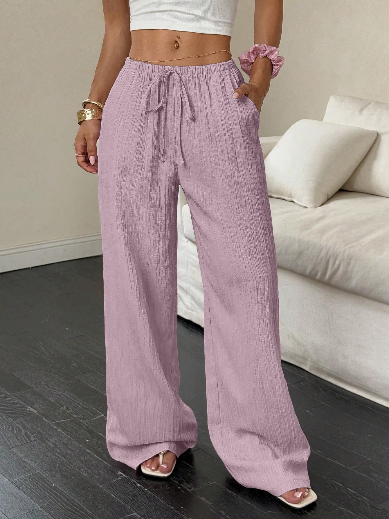 

2025 Summer Women s Casual Textured Wide-Leg Pants with Knotted Waist and Slant Pockets XXL