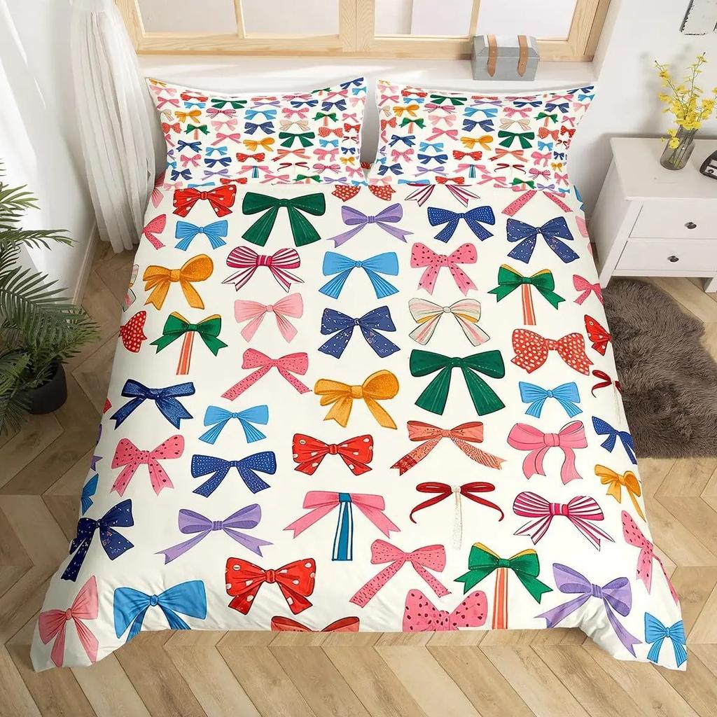 3D Bowknot Print Duvet Cover Set, Cute Bow Heart Pattern Bedding Set, Soft Microfiber Quilt Cover With Pillowcases