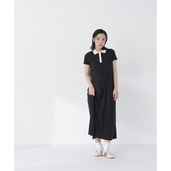 BEAUTY Striped Polo Cut Dress [NATURAL BASIC] [Solid Black/PS]