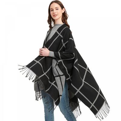 Spring Autumn Women's Warm Scarf Black Double-Sided Plaid Split Shawl