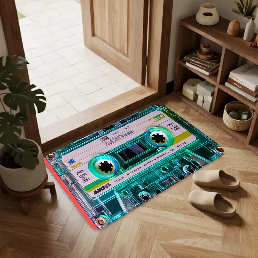 Vintage Cassette Tape Area Rug Retro Music Themed Design with Golden Details Nostalgic Retro Home Decoration Carpet