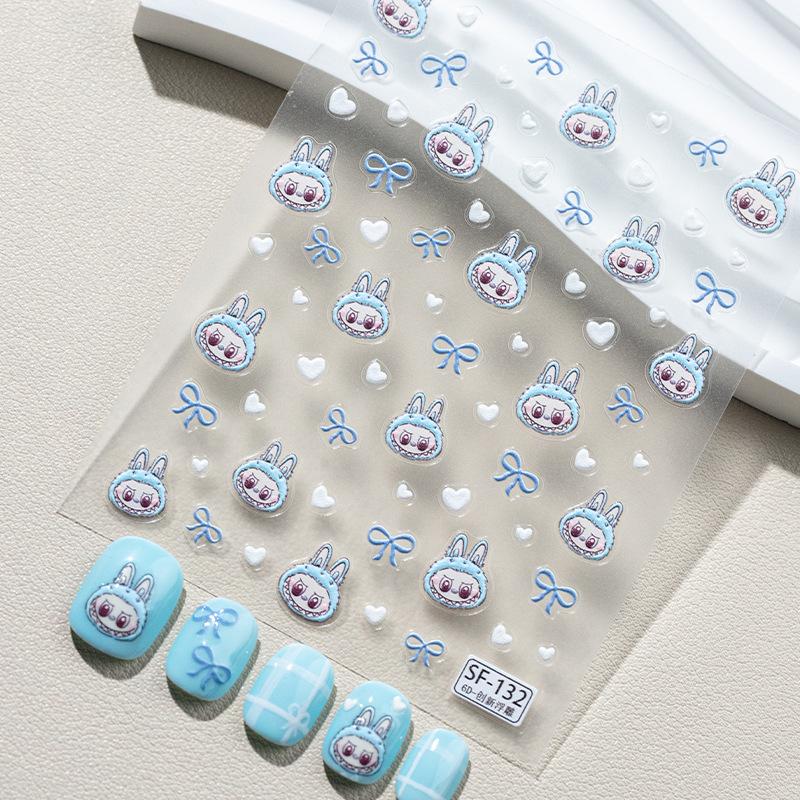 Sky Blue Nail Stickers: 6D Labubu Jelly Bow & White Heart Design