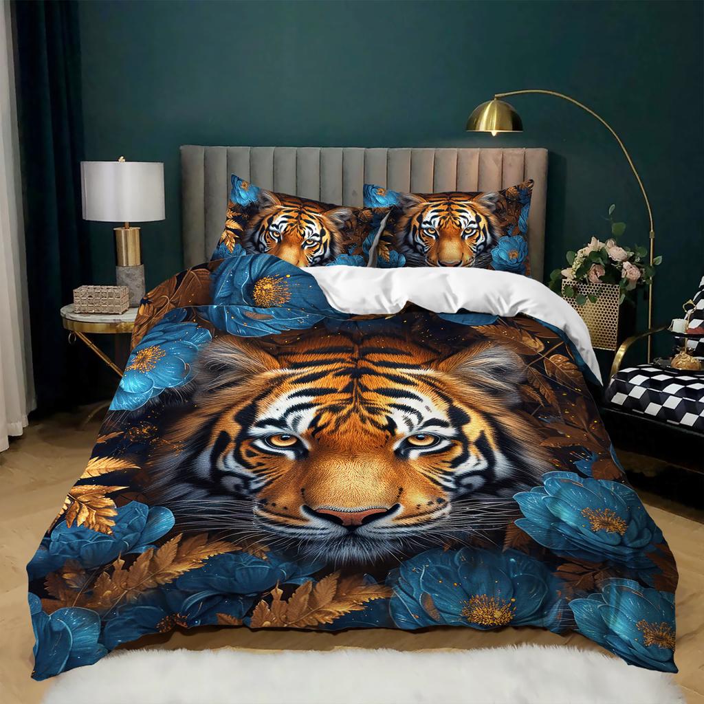 3 szt. Luksusowy komplet pościeli z tygrysem i kwiatami Poszewka na kołdrę Zestaw pościeli z tygrysem i kwiatami Bohemianowy tematyczny zestaw kołdry na łóżko Elegancki tygrys