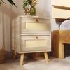 Modern Nightstand Side Table with 2 Drawers Rattan Front Oak Grain Solid Wood Legs Bedroom Small Spaces Bedside Table Natural Square Accent Table
