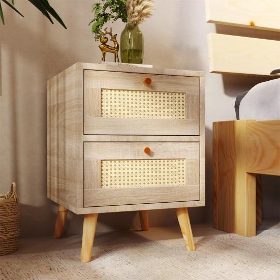 Modern Nightstand Side Table with 2 Drawers Rattan Front Oak Grain Solid Wood Legs Bedroom Small Spaces Bedside Table Natural Square Accent Table