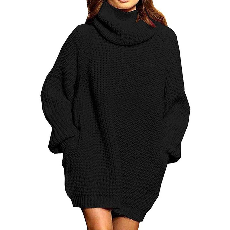 Women's Long Sleeve High Neck Knit Sweater Dress - Autumn Winter Fashion