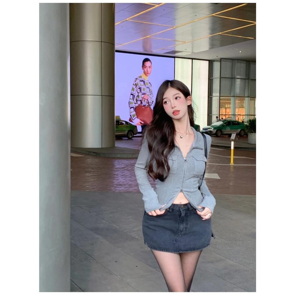 Women T-shirt Spring Autumn Clothes Ribbed Knitted Long Sleeve Short Tops Zipper Design Tee Sexy Female Slim Tops
