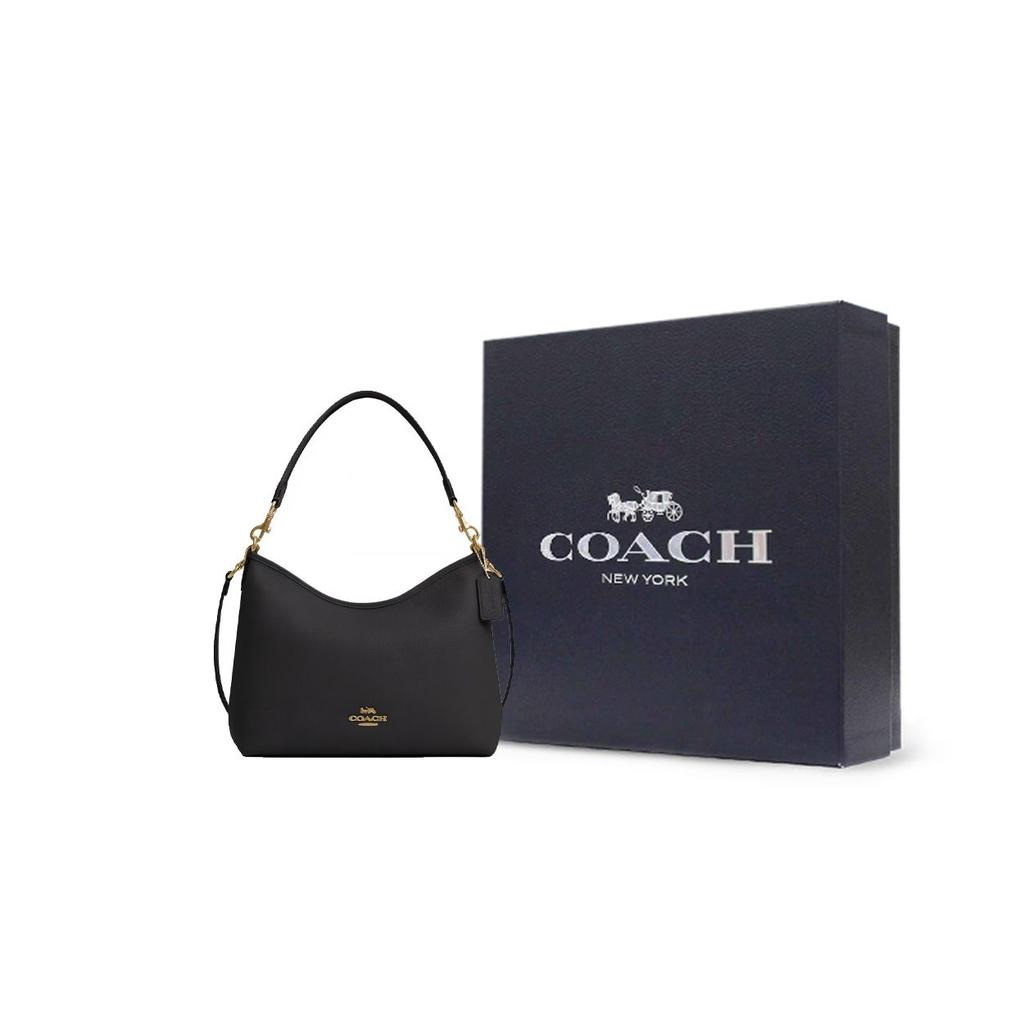 Coach Laurel 31 Logo Reißverschluss Kieselsteinleder Tragetasche Crossbody Umhängetasche Große Damen Taschen Gold Schwarz CR148-IMBLK