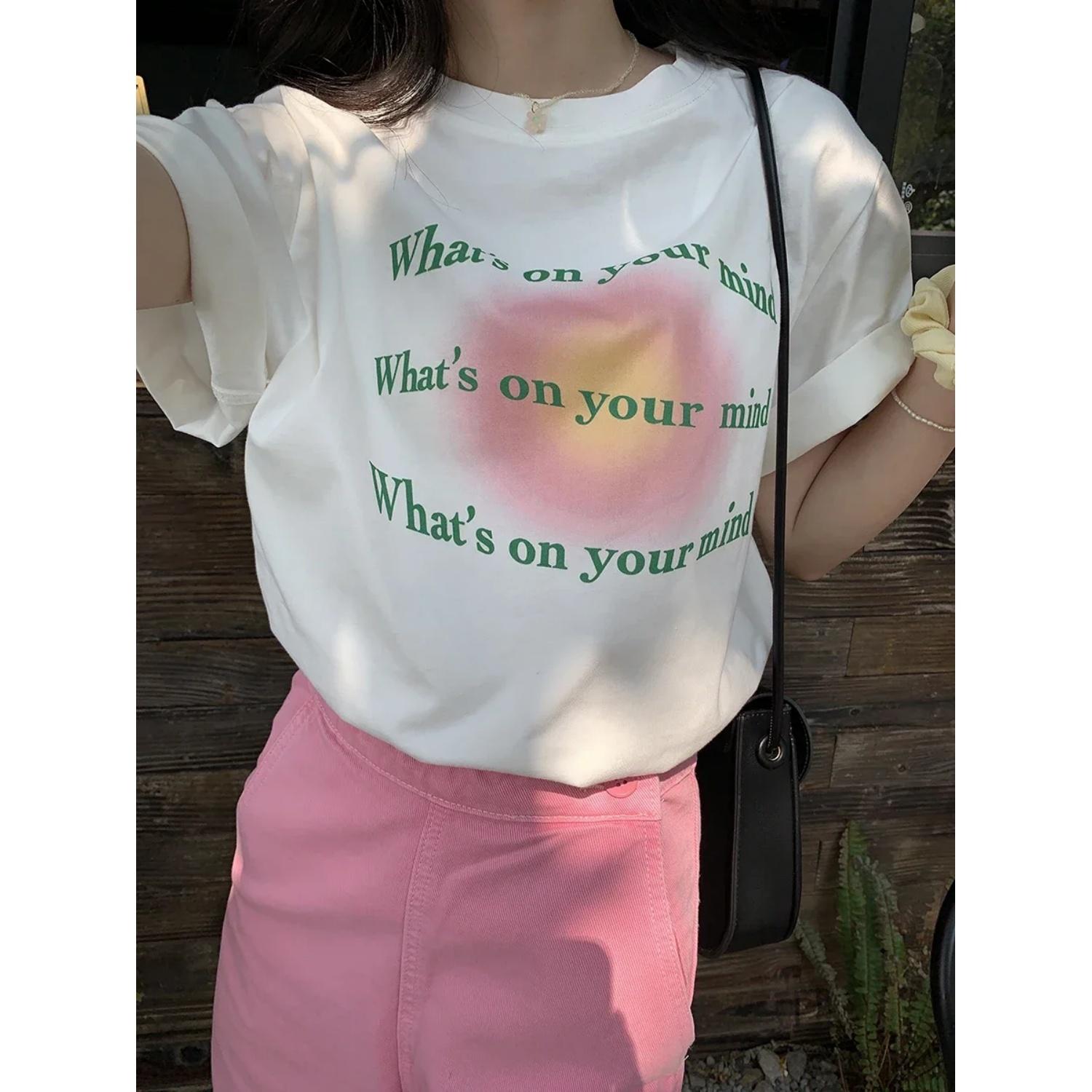 

4005Pea Summer Tops Fruite Orange Peach Graphic Women T-Shirt White Tees Loose Cotton Short Sleeve Tops Ins Fashion Tees XXXXXL білий