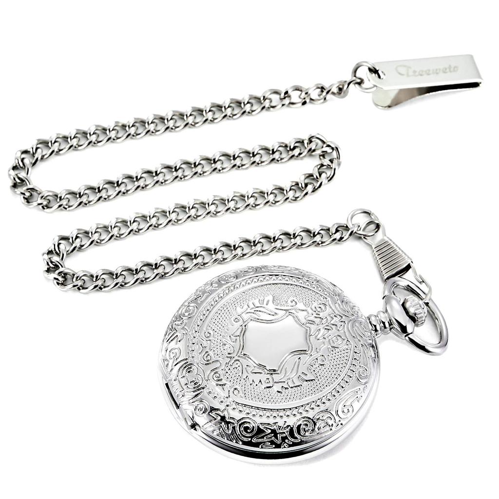 TREEWETO Mechanische Taschenuhr mit römischen Ziffern und Skelett Silberkette Handaufzug