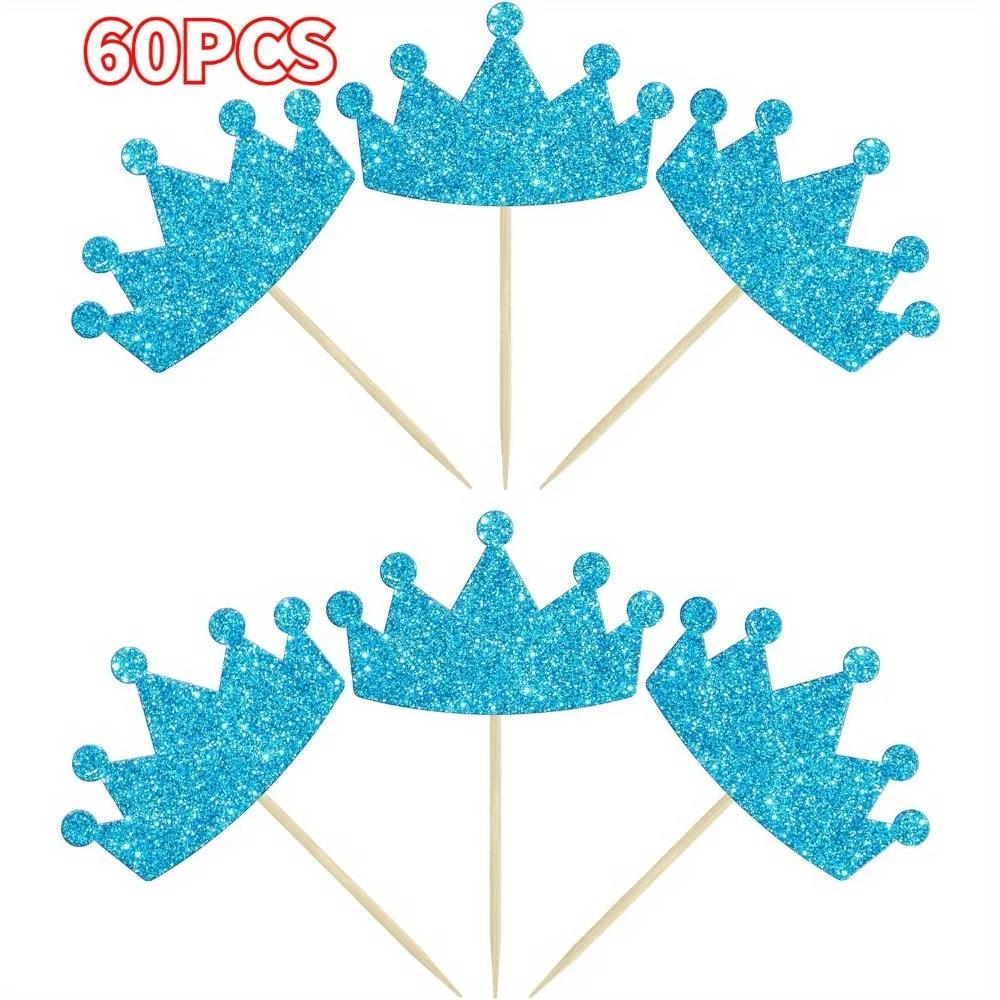 60PCS Glitter Crown Cupcake Toppers Gold Blue Cake Decoration Pick Birthday Wedding Party Supplies DIY Baking Accessories