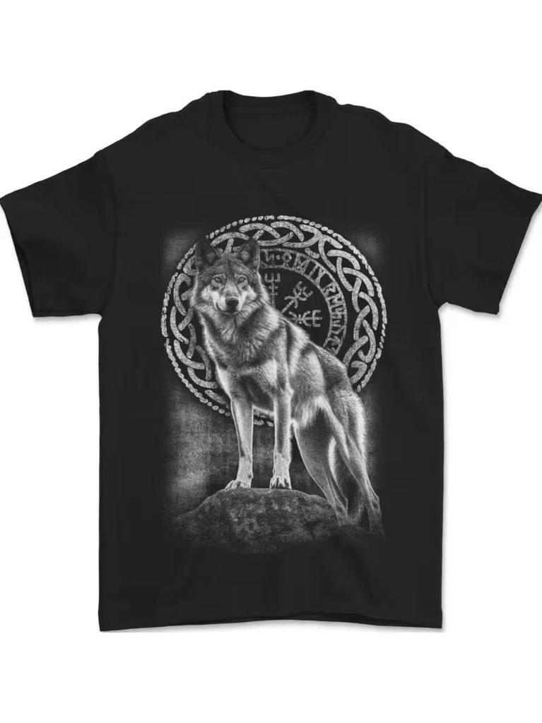 Men's Nordic Wolf Viking T-Shirt - 100% Cotton, Black with White Wolf Design, Ca