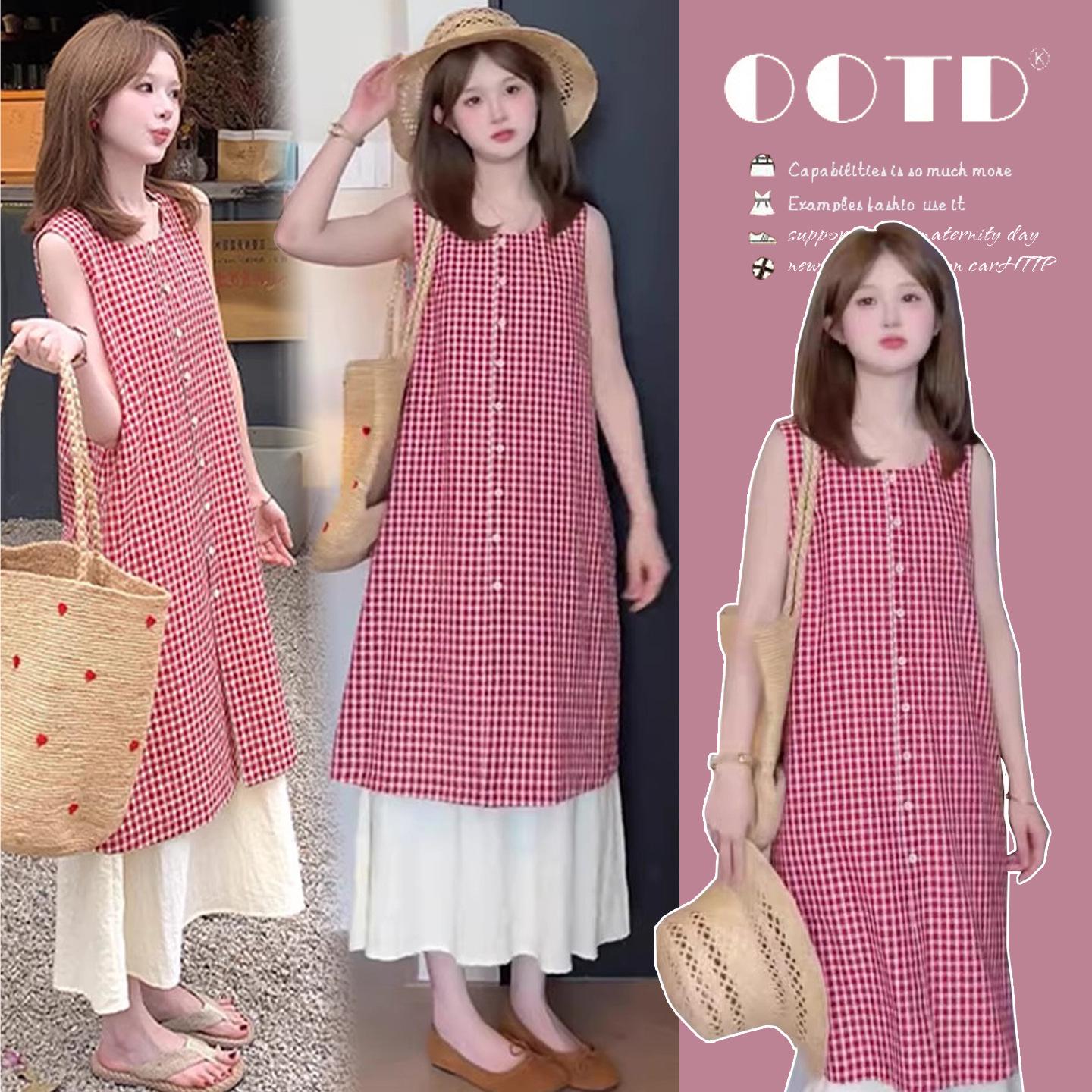 2026 Sleeveless Summer Maternity Dress - Women s Korean Style Fresh Plaid Loose Fit Long Dress Medium