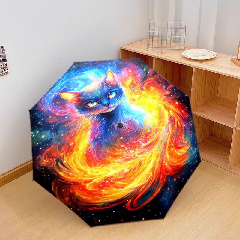 1 PC Automatic Folding Umbrella - Cosmic Cat Pattern, Portable & Foldable Design with 8 Ribs, Christmas Birthday Gifts