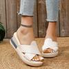 Muffin thick-soled wedge heel sandals women's summer outer wear empty cross solid color cool slippers large size high-heeled sandals women