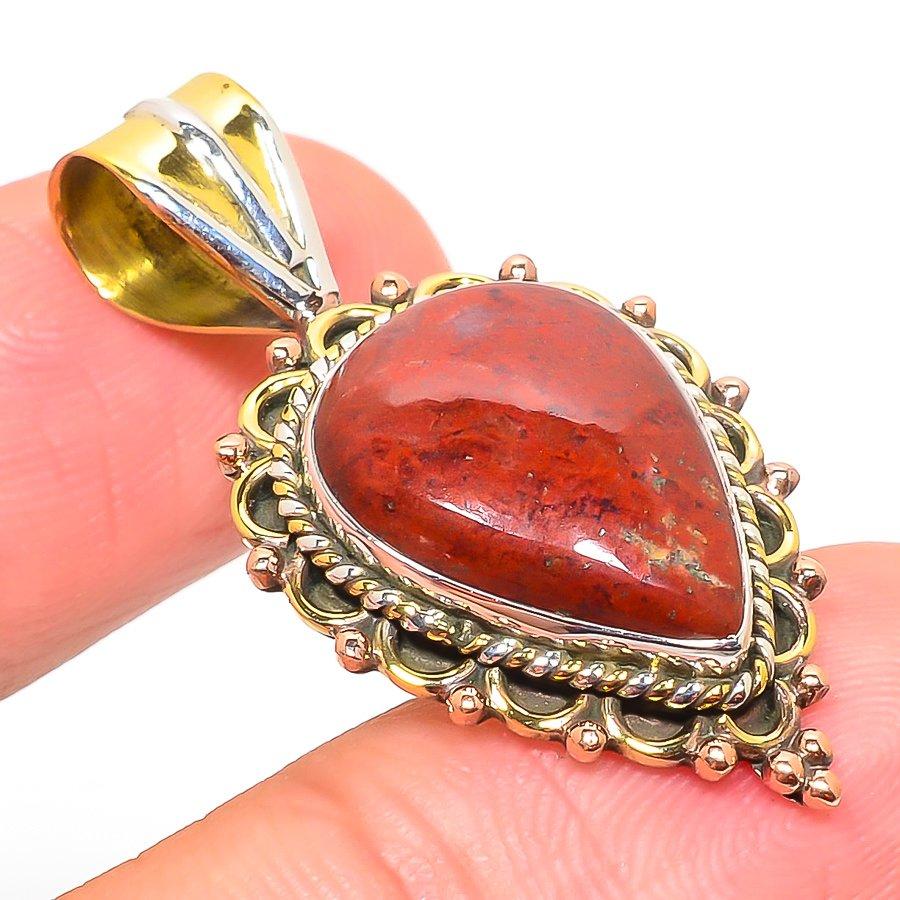 Natural Red River Jasper Two Tone 925 Solid Sterling Silver Pendant 1.50'' s4B02