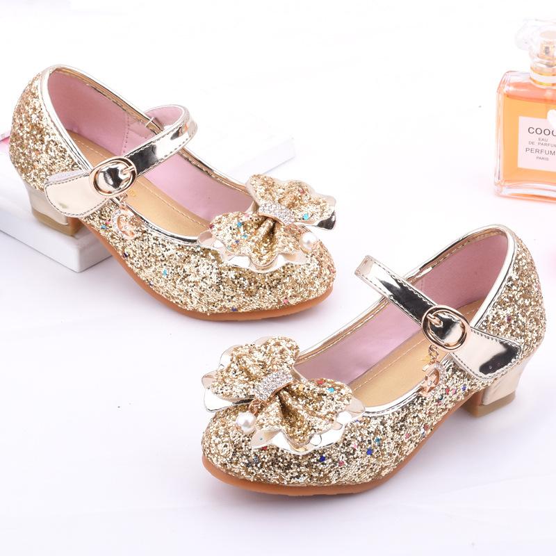 Princess Girls Shoes Party Dance Show Single Leather Shoes Bowtie Sequins Crystal Sandals Western Boutique Children'S High Heels