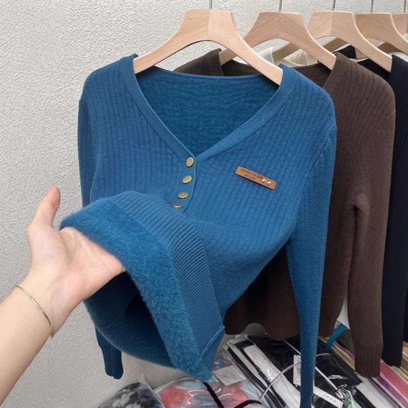One-piece Fleece-neck Sweater for Women's Autumn and Winter New Fleece Thickened Slim-fitting Solid-color Knitted Bottoming Top