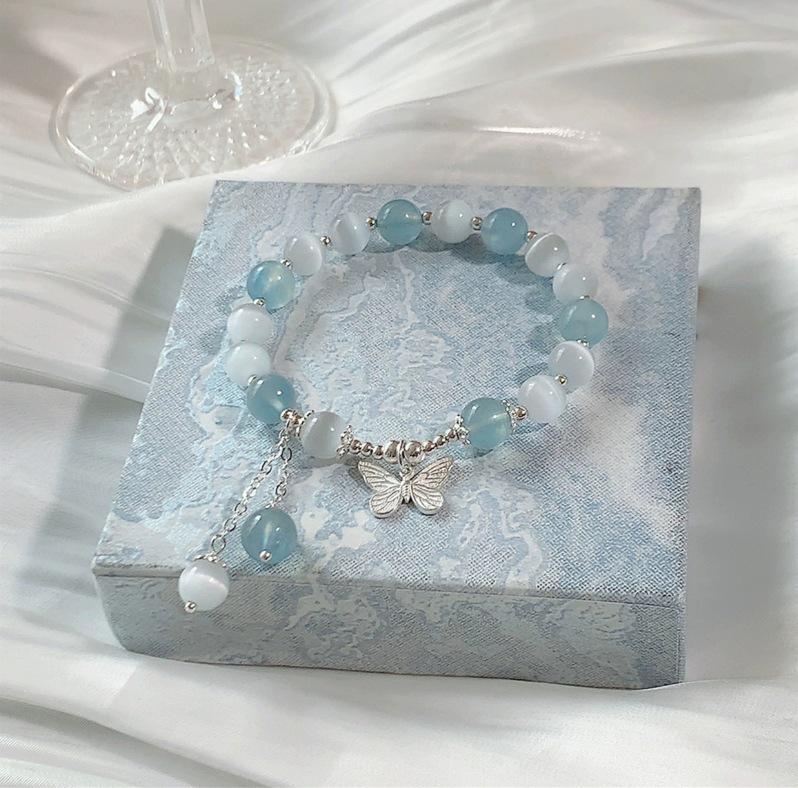 Aquamarine Cat's Eye Crystal Butterfly Bracelet with Sterling Silver and Tassel