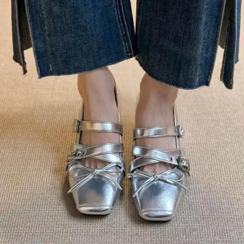 Butterfly-knot Flat Mary Jane Women's Comfort Soft Sole Ladies Elegnat Square Toe Ballets Shoes Daily Commute Zapatos De Mujer