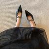 Sheepskin Version~ Black Bag Head Half Slippers Women's Outer Wear Temperament Niche Pointed Metal Word with Wedge Heel Muller Shoes