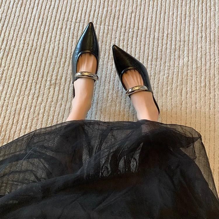 Sheepskin Version~ Black Bag Head Half Slippers Women's Outer Wear Temperament Niche Pointed Metal Word with Wedge Heel Muller Shoes
