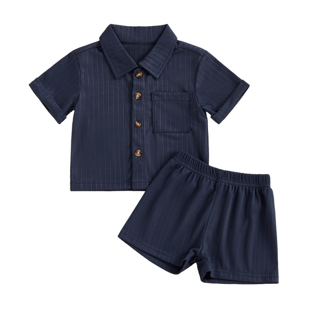 Casual Toddler Baby Boys 2 Piece Outfits Summer Short Sleeve Turn Down Collar Solid Color Tops and Shorts Set