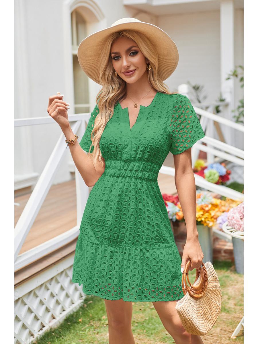 

Платье А-силуэта с V-образным вырезом, кружевное, с оборками, с короткими рукавами для женщин, 2025 Large зелёный