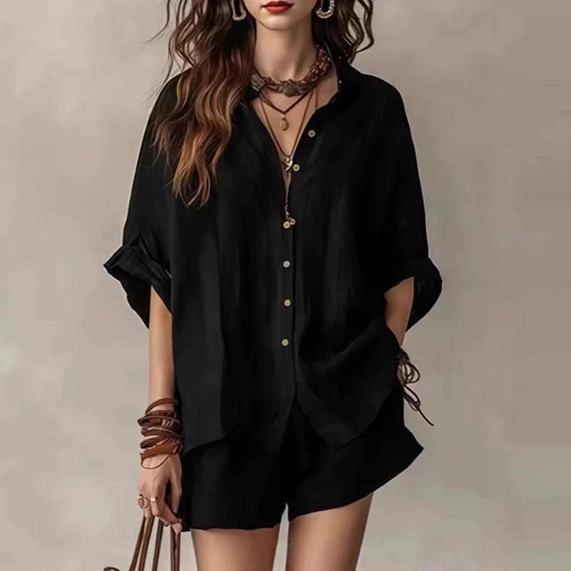 Set Estivo da Donna Tinta Unita Monopetto Manica Corta Camicia Pantaloncini Set Due Pezzi