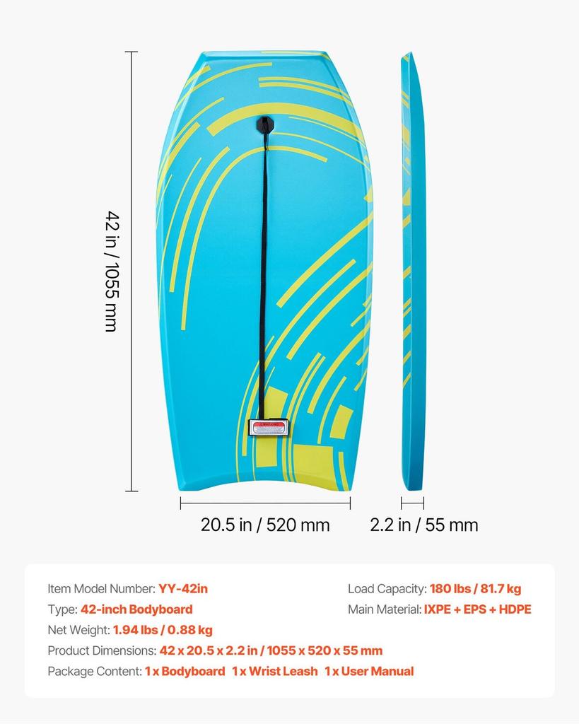 1055mm Bodyboard, Body Board Trainer with EPS Foam Core & Wrist Leash, UV-Resistant Beach Bodyboard for Beginners, Youth Up To 82 Kg