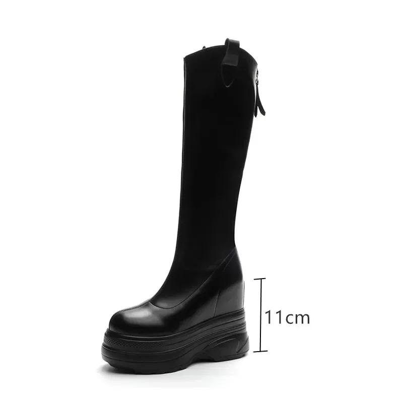 Fashion Women's Boots Genuine Leather  New 11cm Heel High Platform Internal Heightened Boots Women's Fashion High Heel Boots Women