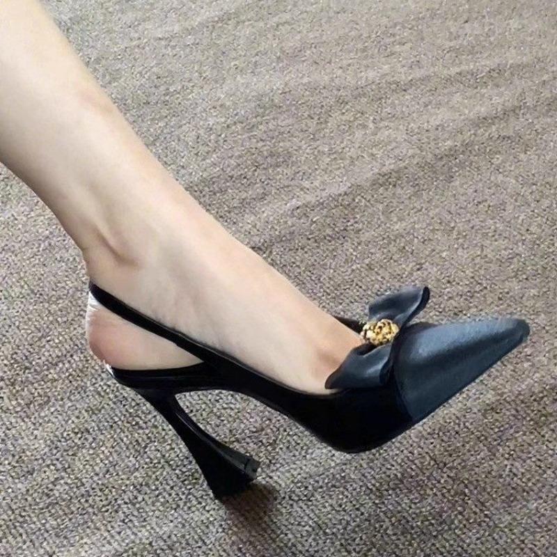 French Bow Knot High Heel Sandals for Women Sexy Back Strap Pointed Toe Sandalias Woman 2025 Office Patent Leather Sandals Mujer