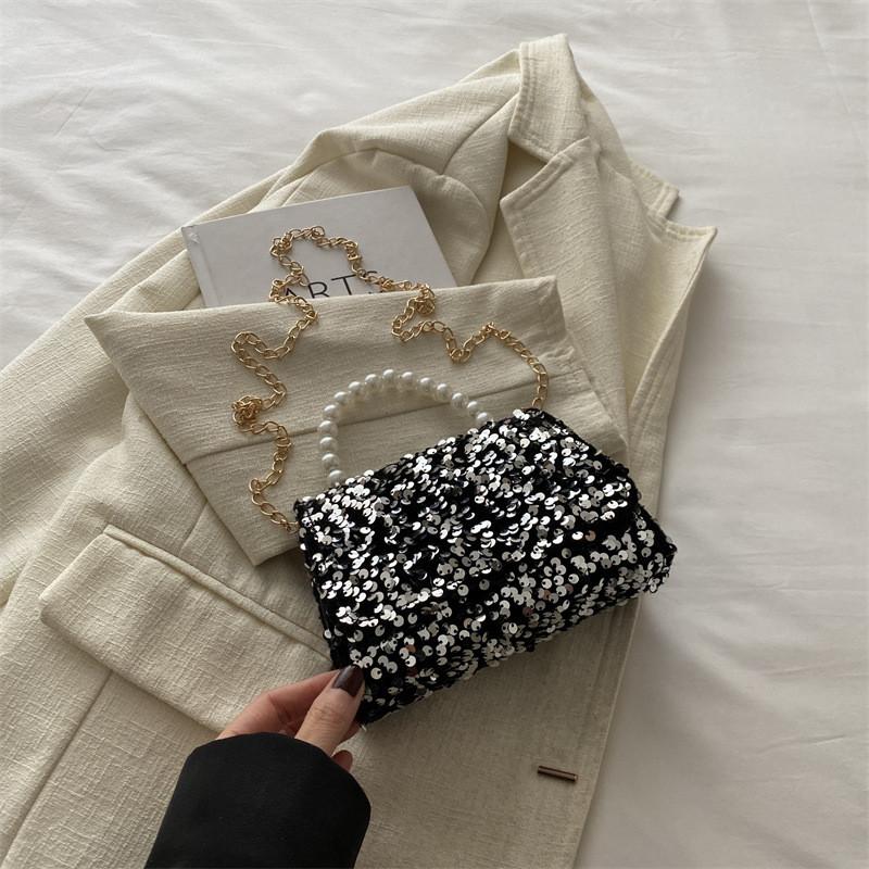 Elegant Black Sequin Evening Shoulder Bag Chic Chain Strap Perfect For Street Style