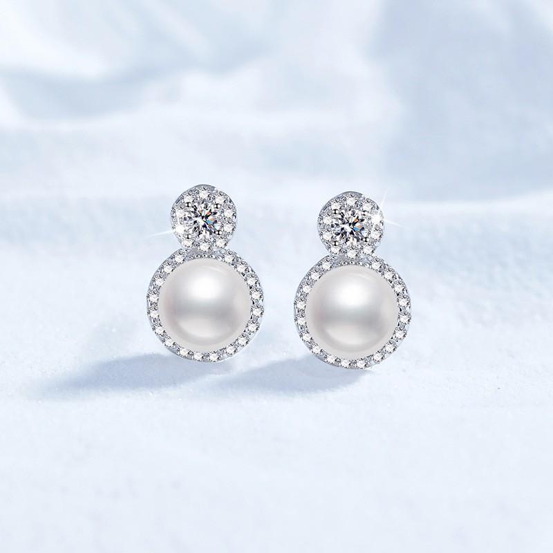Womens Sterling Stud Earrings With 7-8mm Freshwater Pearl 10pt Moissanite Crown Design Everyday Elegant Jewelry 925 Sterling Silver