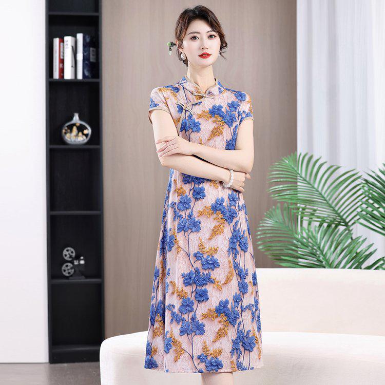 Women's Summer 2026 Short-Sleeve Elegant Plus Size Qipao Dress with Belly Concealing Mid-Length Skirt