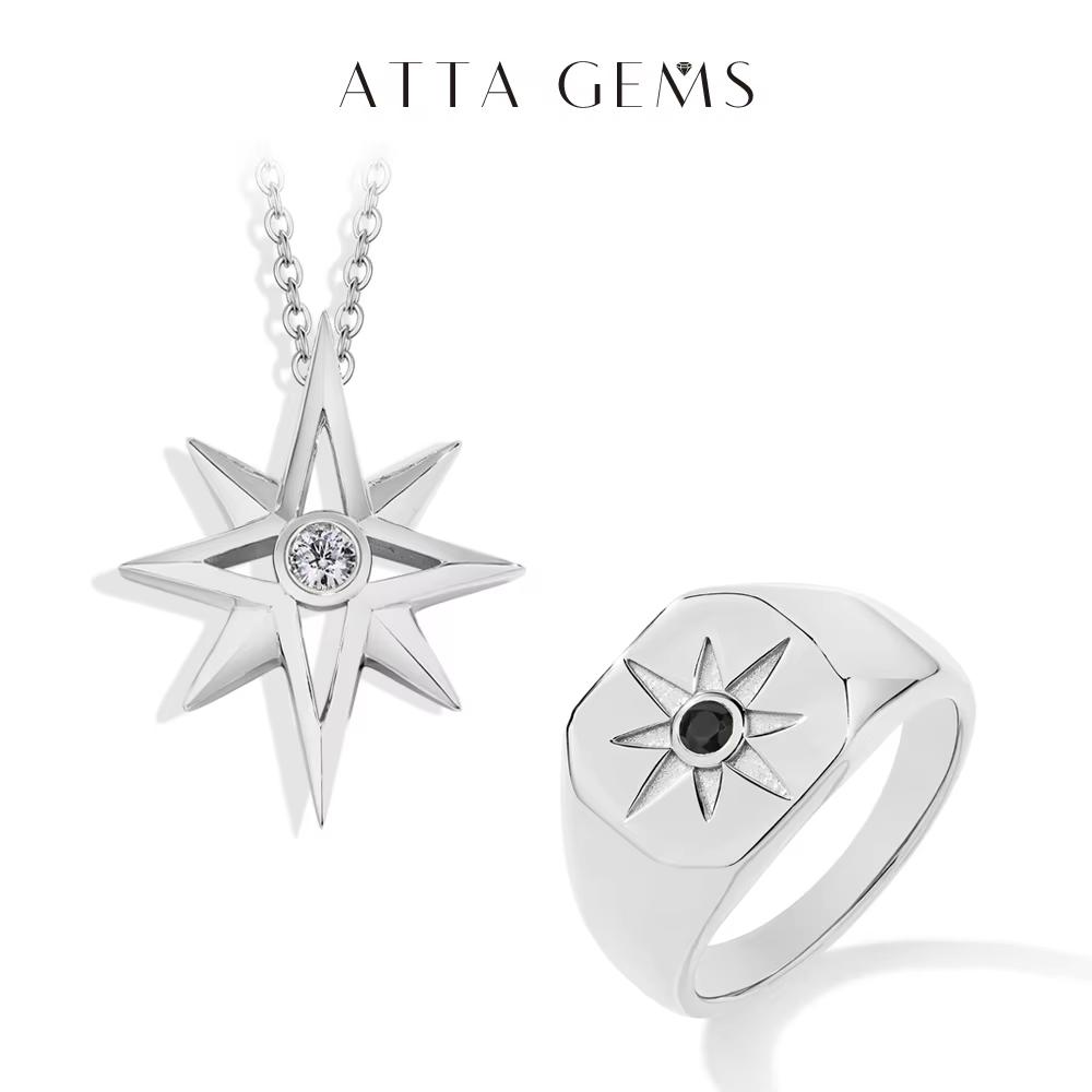 

ATTAGEMS D Color Moissanite Necklace for Women Black Spinel Rings S925 Silver Eight-Pointed Star Jewelry Set With Lucky 6