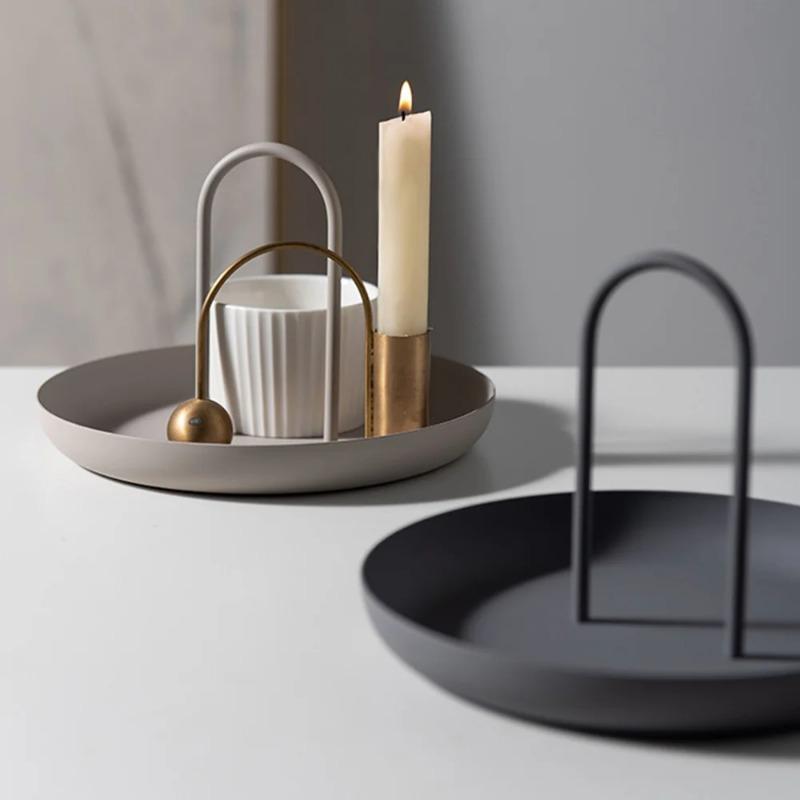 Nordic Storage Tray Round Jewelry Diaplay Trays Living Room Table Meal Snack Tray Makeup Storage Plate with Handle Home Decor