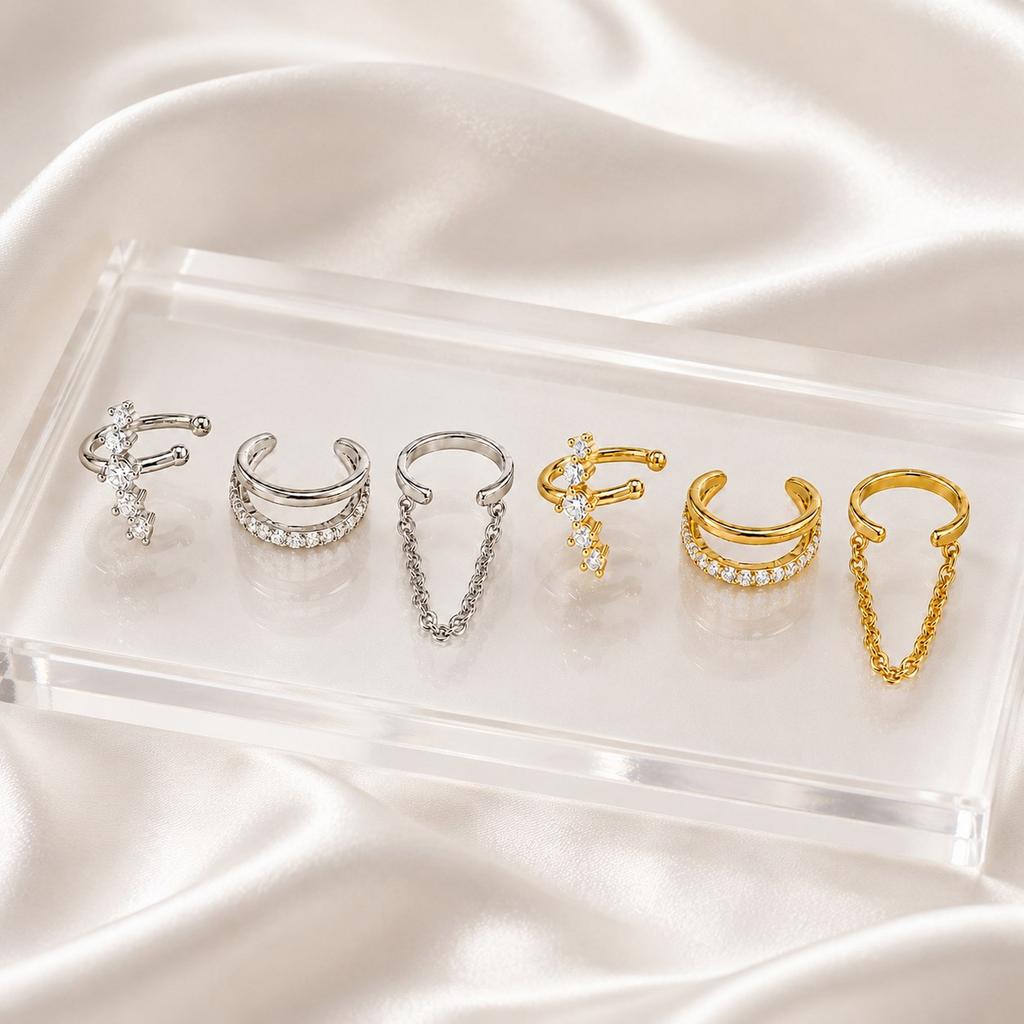Ear Cuffs for Women, 3pcs Round Zircon Cartilage Clips, Tassel Chain No Piercing Minimalist Jewelry