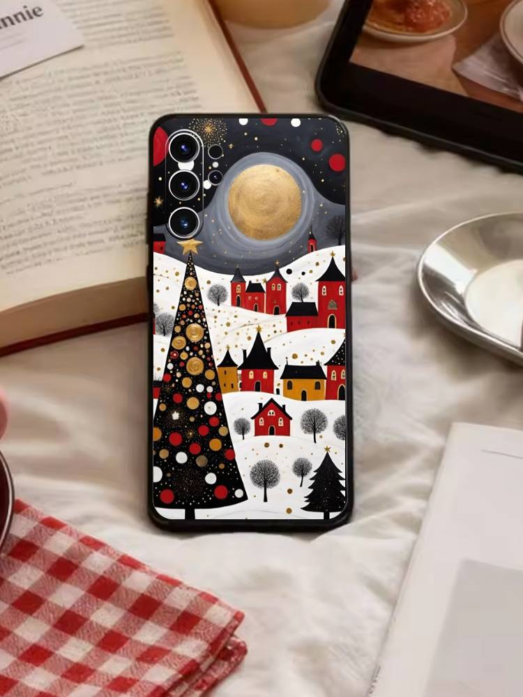 Whimsical landscape Starry Night Phone Case For Samsung S26,S25,S24,S23,S22,S21,S20,Ultra,Plus,FE Black Soft Cover