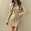 Korean Fashion V-neck Knitted Pullover Sweater Elegant Dress Long Sleeve Autumn Winter Retro Bottoming Short Dresses Casual Inner Hip-wrapped Clothing
